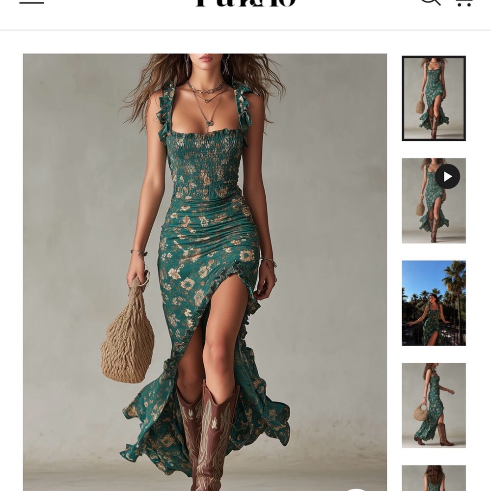 Green Floral Ruffled Maxi Dress with Side Slit